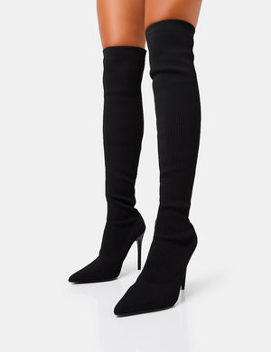 Chateau Black Knitted Sock Stiletto Over The Knee Pointed Toe Boots