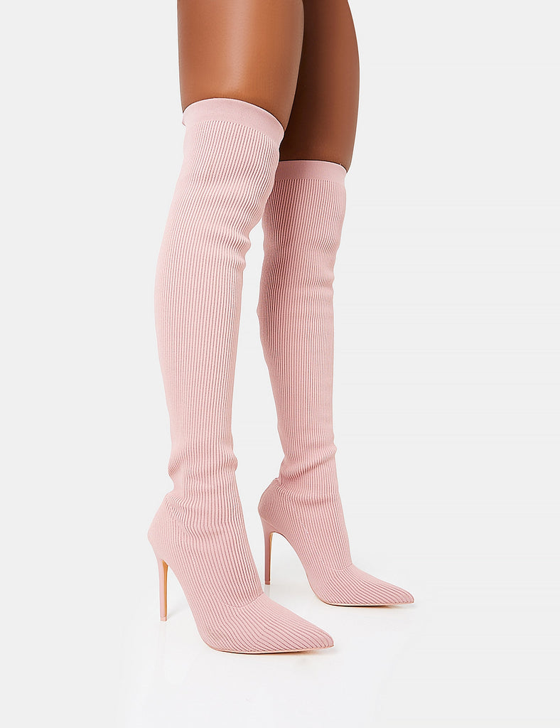 Chateau Wide Fit Dusty Pink Knitted Sock Stilleto Over the Knee Pointed Toe Boots