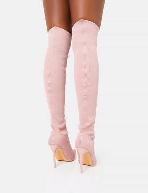 Chateau Wide Fit Dusty Pink Knitted Sock Stilleto Over the Knee Pointed Toe Boots