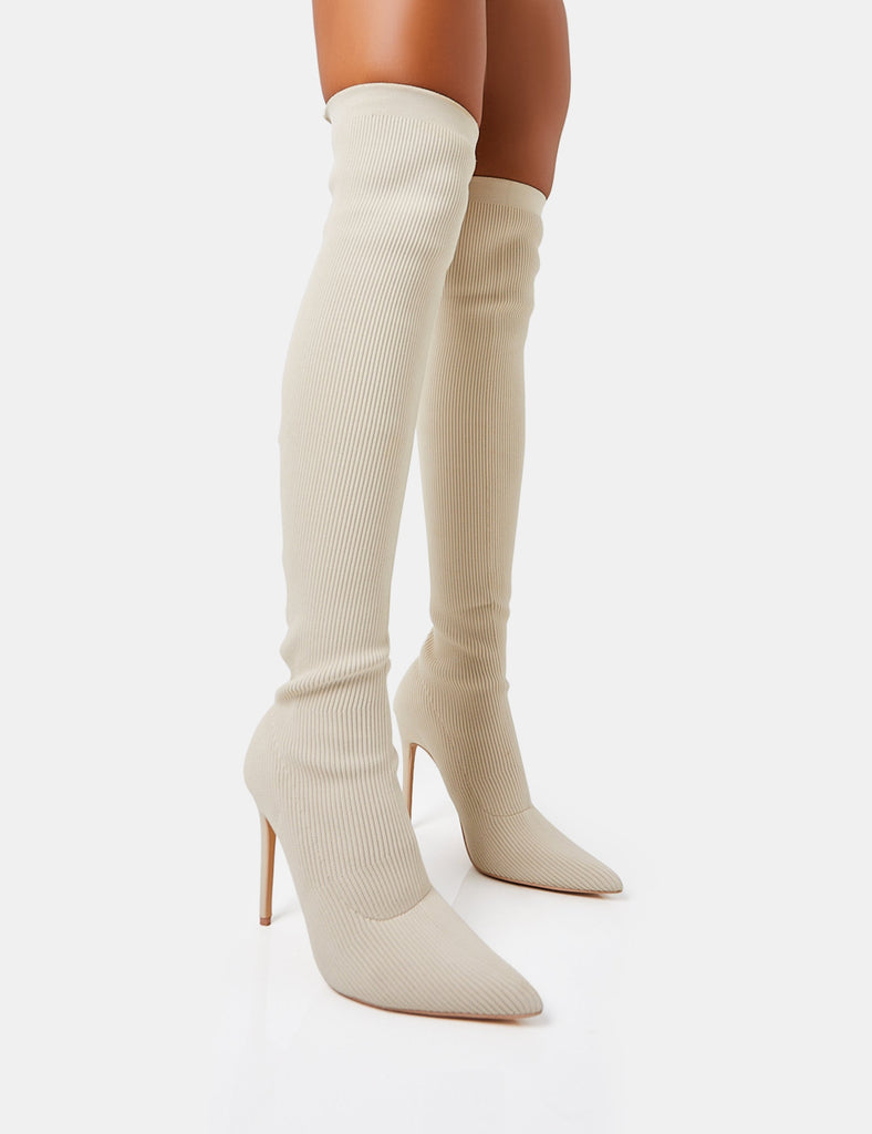 Chateau Off White Knitted Sock Stiletto Over The Knee Pointed Toe Boots