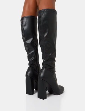 Christina Wide Fit Black Pu Pointed Toe Block Heel Knee High Boots