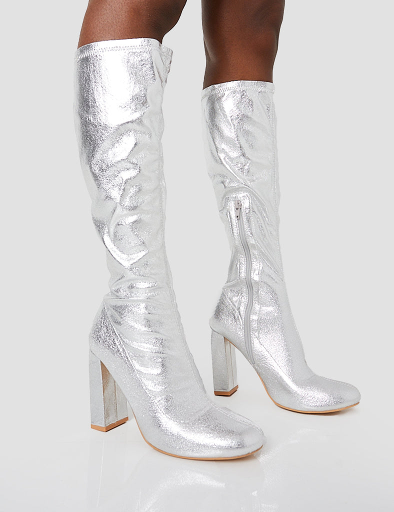 Christina Silver Grain Pointed Toe Block Heel Knee High Boots