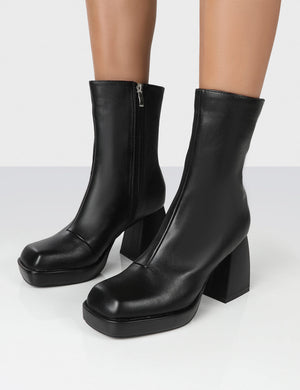 Clover Black Pu Chunky Heel Ankle Boots