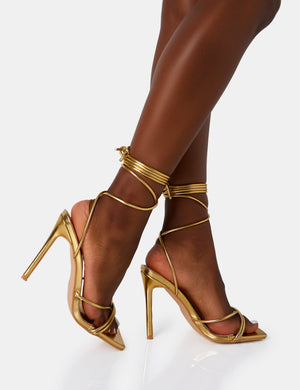 Dax Wide Fit Gold Pu Barely There Lace Up Square Toe Stiletto Heels