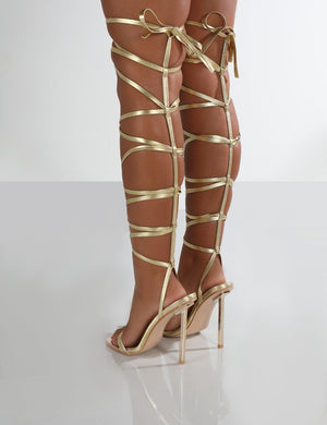 Demy Gold PU Knee High Lace Up Stiletto Heels