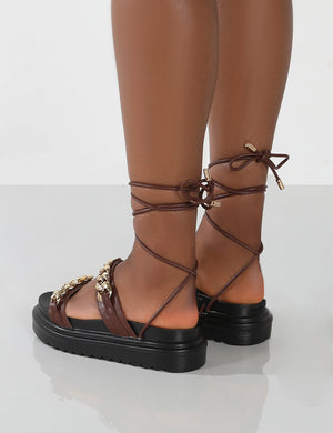 Dizzi Brown PU Chunky Chain Detail Lace Up Sandals