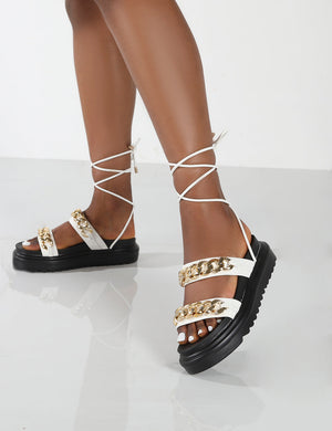 Dizzi White PU Chunky Chain Detail Lace Up Sandals