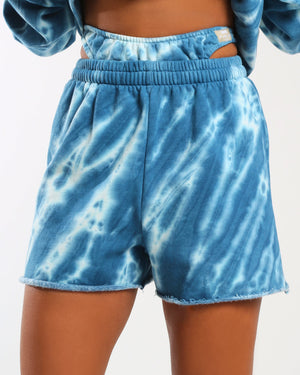 Amber x Public Desire tie dye waist detail shorts co-ord blue