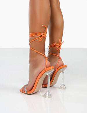 Fawn Orange Snake Diamante Strap Lace Up Cake Stand Heels