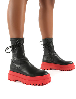 Finale Black Pu Red Chunky Sole Ankle Wrap Boots