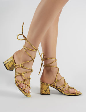 Freya Knotted Strappy Block Heeled Sandals in Mustard Snakeskin