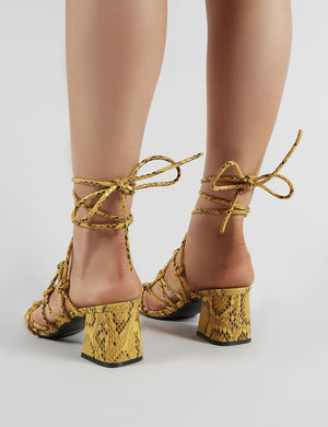 Freya Knotted Strappy Block Heeled Sandals in Mustard Snakeskin