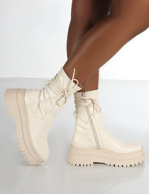 Finale Cream PU Chunky Wrap Around Boots