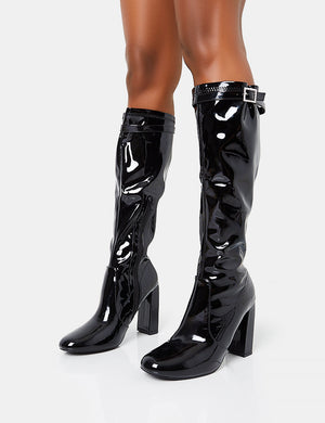 First Class Black Patent Diamante Buckle Strap Detail Rounded Toe Knee High Block Heeled Boots