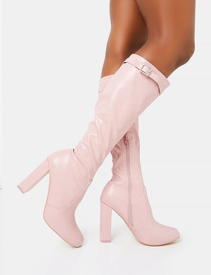 First Class Dusty Pink Pu Diamante Buckle Strap Detail Rounded Toe Knee High Block Heeled Boots