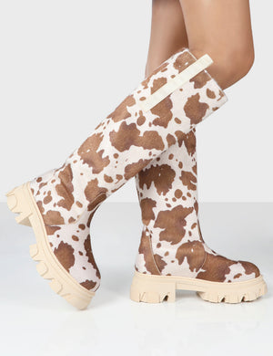 Amber x Public Desire Genius Cow Print Knee High Chunky Sole Boot