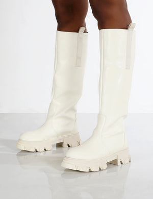 Genius Ecru Wide Fit Knee High Chunky Sole Boots