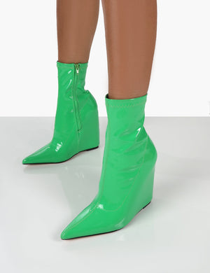 Getaway Green Patent Wedge Ankle Boots