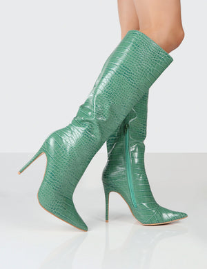 Horizon Green Croc PU Knee High Boots