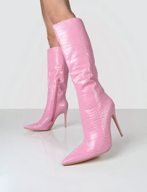 Horizon Pink Croc PU Knee High Boots
