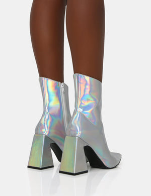 Kenzie Holographic PU Pointed Toe Block Heel Ankle Boots