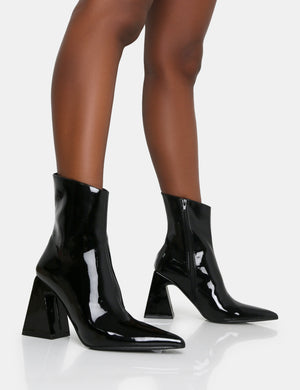 Kenzie Black Patent Pointed Toe Block Heel Ankle Boots
