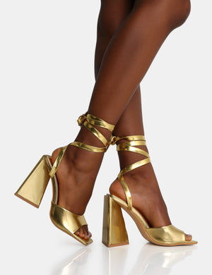 Mojito Gold Lace Up Pyramid Block Heels