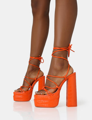 Glow Girl Orange Croc Lace Up Platform Heels