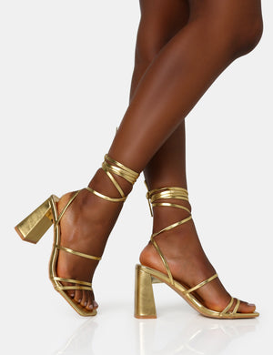 Natty Gold Pu Lace Up Square Toe Mid Block Heels