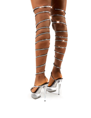 Hypnotised Black Diamante Thigh High Wrap Around Clear Perspex Platform Stiletto Heels