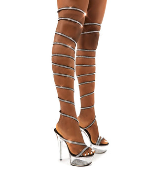 Hypnotised Black Diamante Thigh High Wrap Around Clear Perspex Platform Stiletto Heels