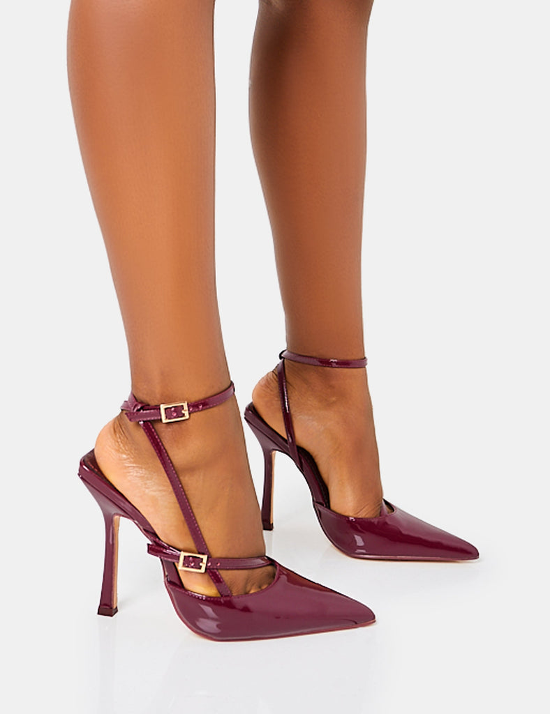 Idol Burgandy Patent Buckle Strappy Detail Stiletto Pointed to Court High Heels