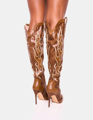 Jacksonville Brown Flame Motif Western Stiletto Heeled Over the Knee Boot