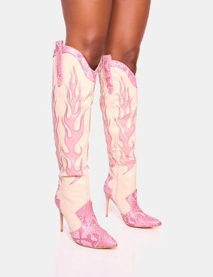 Jacksonville Pink Flame Motif Western Stiletto Heeled Over the Knee Boot