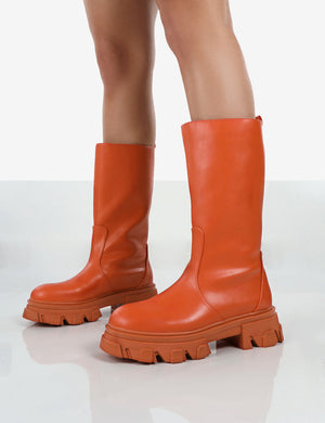 Jolie Orange Pu Knee High Chunky Sole Long Boots
