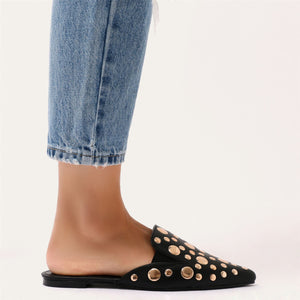 Josephine Rose Gold Stud Backless Loafers in Black