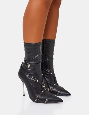 Joyride Black Pu Strappy Buckle Harness Detail Pointed Toe Stilleto Sock Ankle Boots