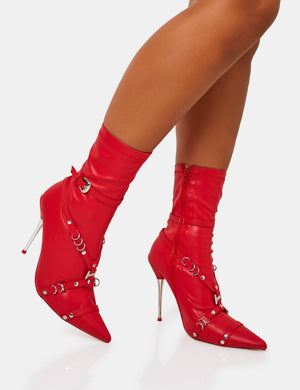 Joyride Red Pu Strappy Buckle Harness Detail Pointed Toe Stilleto Sock Ankle Boots