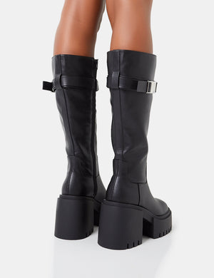 Alaska Wide Fit Black Pu Rounded Toe Chunky Soled Block Heel Knee High Boots
