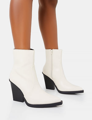 Jessie White Pu Western Pointed Toe Black Contrast Sole Block Heeled Ankle Boots