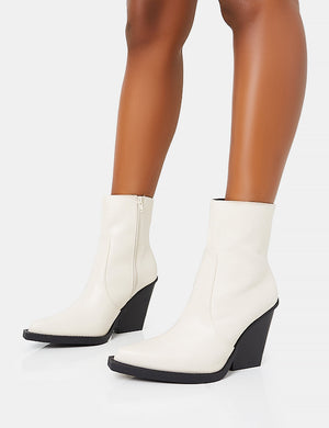Jessie Wide Fit White Pu Western Pointed Toe Black Contrast Sole Block Heeled Ankle Boots