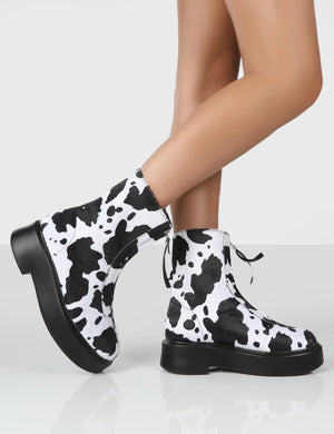 Leonie Cow Print Chunky Sole Zip Through Ankle Boot