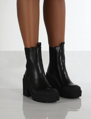 Liah Black PU Chunky Sole Heeled Ankle Boots