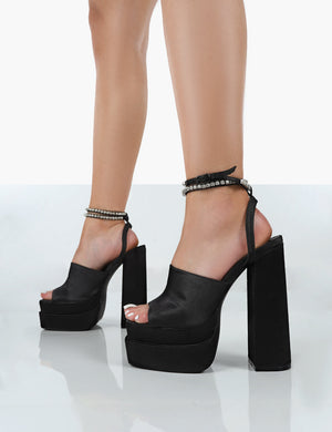 Lilibet Black Satin Diamante Lace Up Strappy Open Toe Statement Platform Block Heels