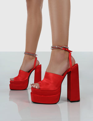 Lilibet Red Satin Diamante Lace Up Strapping Open Toe Statement Platform Block Heels