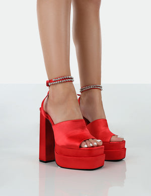 Lilibet Red Satin Diamante Lace Up Strapping Open Toe Statement Platform Block Heels