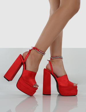 Lilibet Red Satin Diamante Lace Up Strapping Open Toe Statement Platform Block Heels