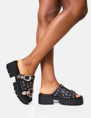 Maverick Star Embellished Double Buckle Chunky Western Platform Sandals