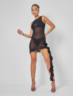 Semi-sheer Asymmetric Ruffle Detail Mini Dress Black