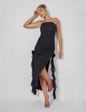 Bandeau Ruffle Detail Midi Dress Black